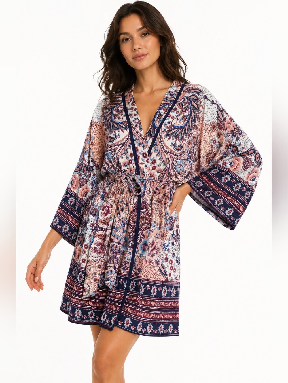 inBloom by Jonquil Floral Paisley Self-Tie Kimono short Robe XS/S Boho